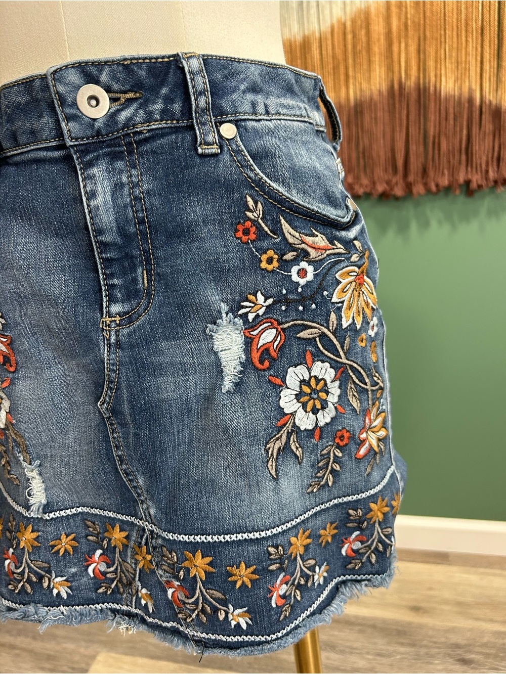 Altar’d State Denim Mini Skirt with Colorful Floral Embroidery - Picture 4 of 9